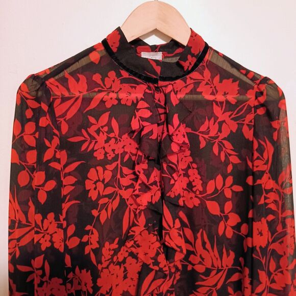 Chicos Blooms Ruffle Front Button Front Blouse-Size 1/US 8-Floral-Sheer-Chic - Picture 2 of 9